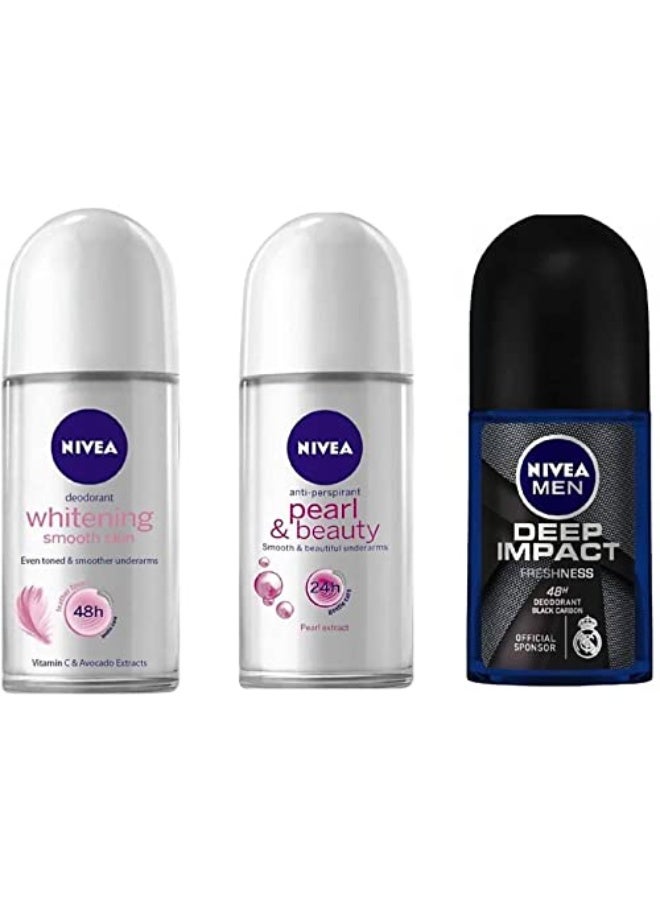 NIVEA WHITENING SMOOTH SKIN &PEARL& BEAUTY &DEEP IMPACT Deodorant Roll-on - For Men & Women (50 ml, Pack of 3) - Image 1